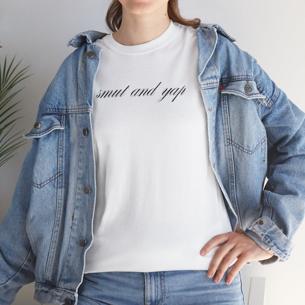 "smut and yap" Script White Tee — Minimalist Small Text Graphic Shirt