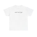"smut and yap" Script White Tee — Minimalist Small Text Graphic Shirt