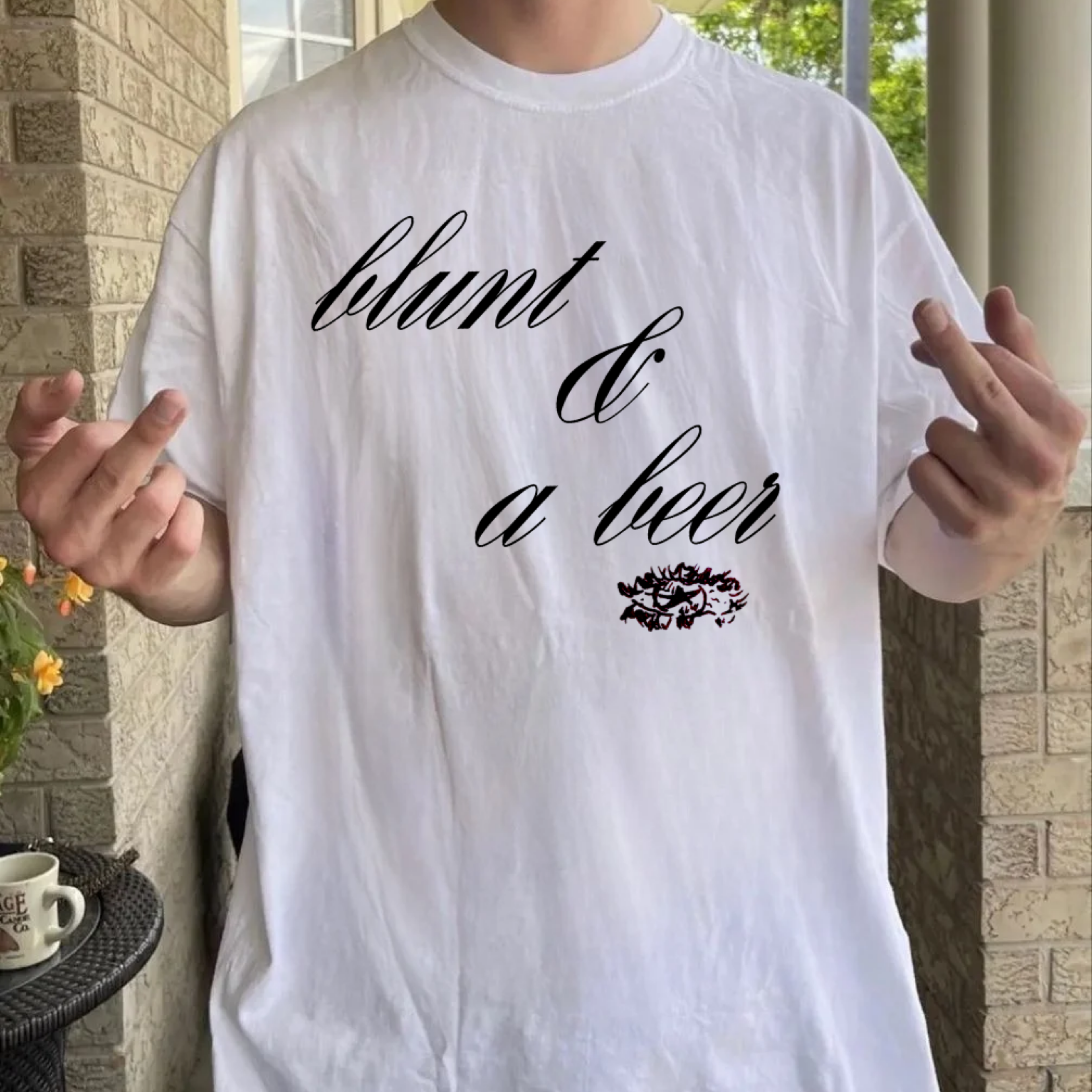 T-Shirt — “blunt & a beer” Script Tee with Angel Wings Back Print
