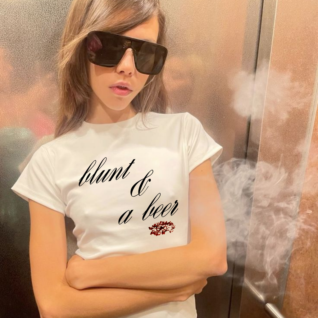 T-Shirt — “blunt & a beer” Script Tee with Angel Wings Back Print
