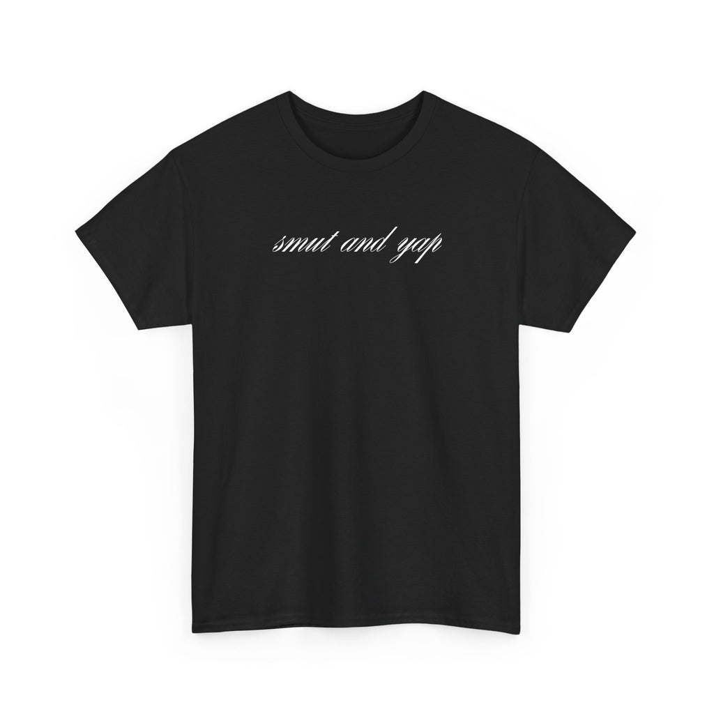 "smut and yap" Script White Tee — Minimalist Small Text Graphic Shirt